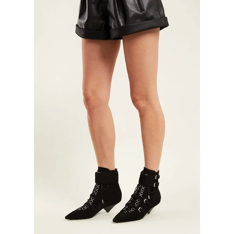 37.5 & 38 NEW $1,895 SAINT LAURENT Runway Black Suede BLAZE 45 BUCKLE Ankle BOOTS