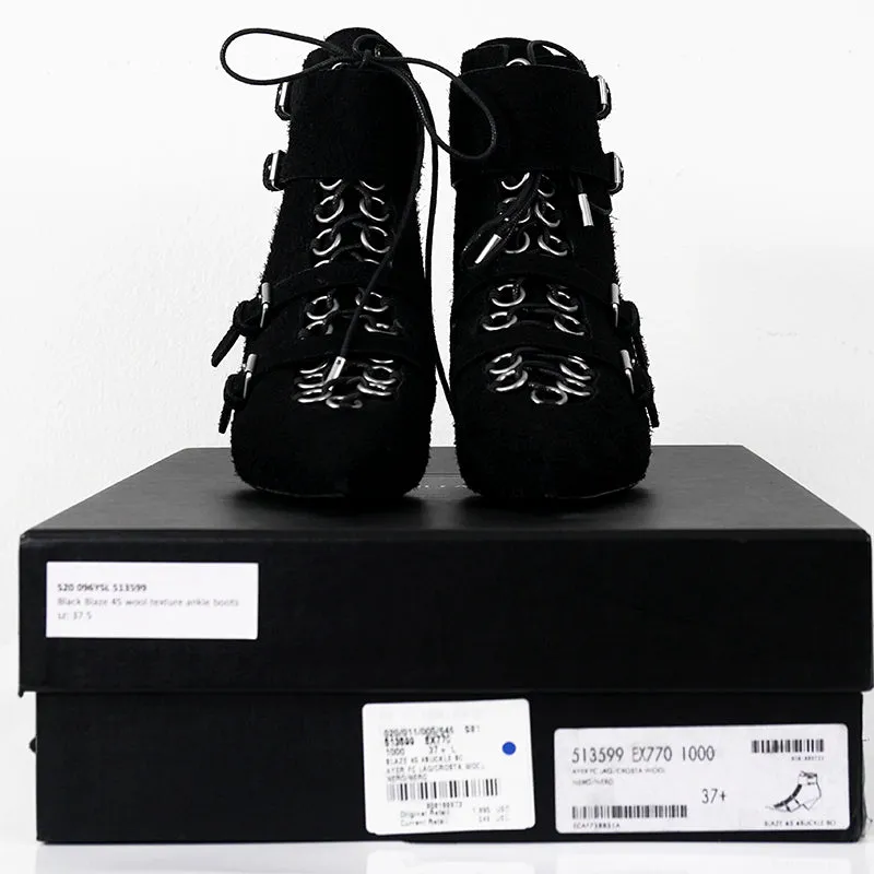 37.5 & 38 NEW $1,895 SAINT LAURENT Runway Black Suede BLAZE 45 BUCKLE Ankle BOOTS