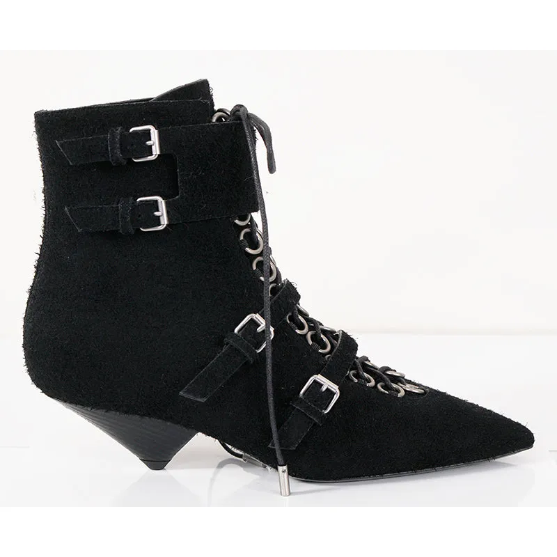 37.5 & 38 NEW $1,895 SAINT LAURENT Runway Black Suede BLAZE 45 BUCKLE Ankle BOOTS