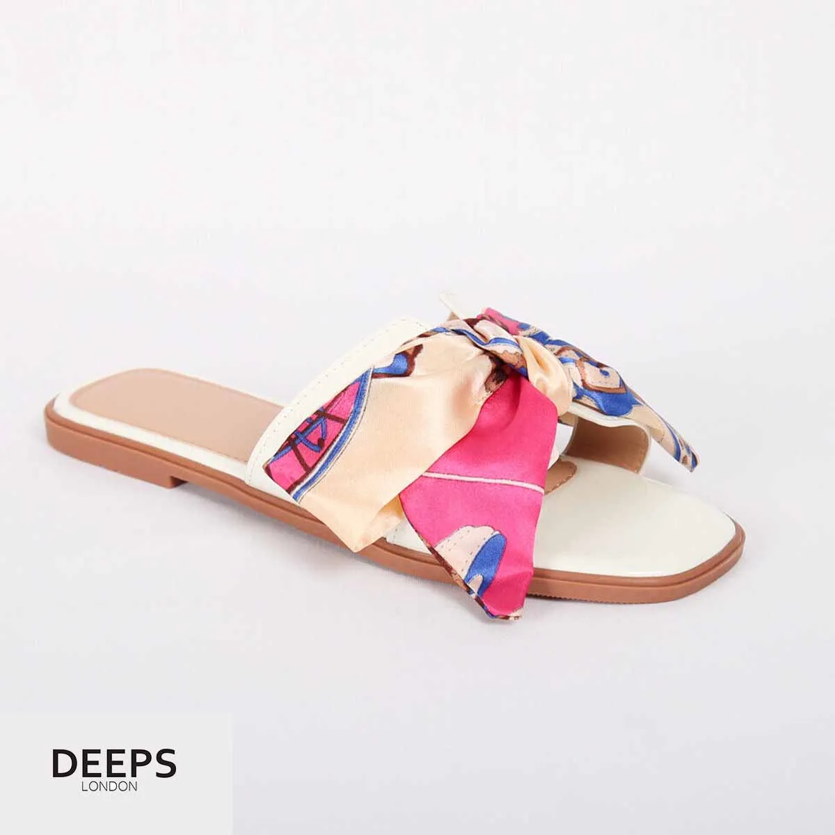 AISH WOMENS SCARF RIBBON BOW FLAT SLIDER SANDALS
