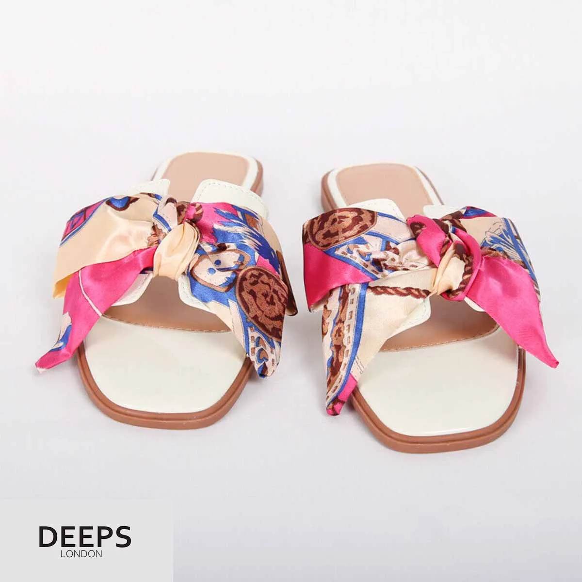 AISH WOMENS SCARF RIBBON BOW FLAT SLIDER SANDALS