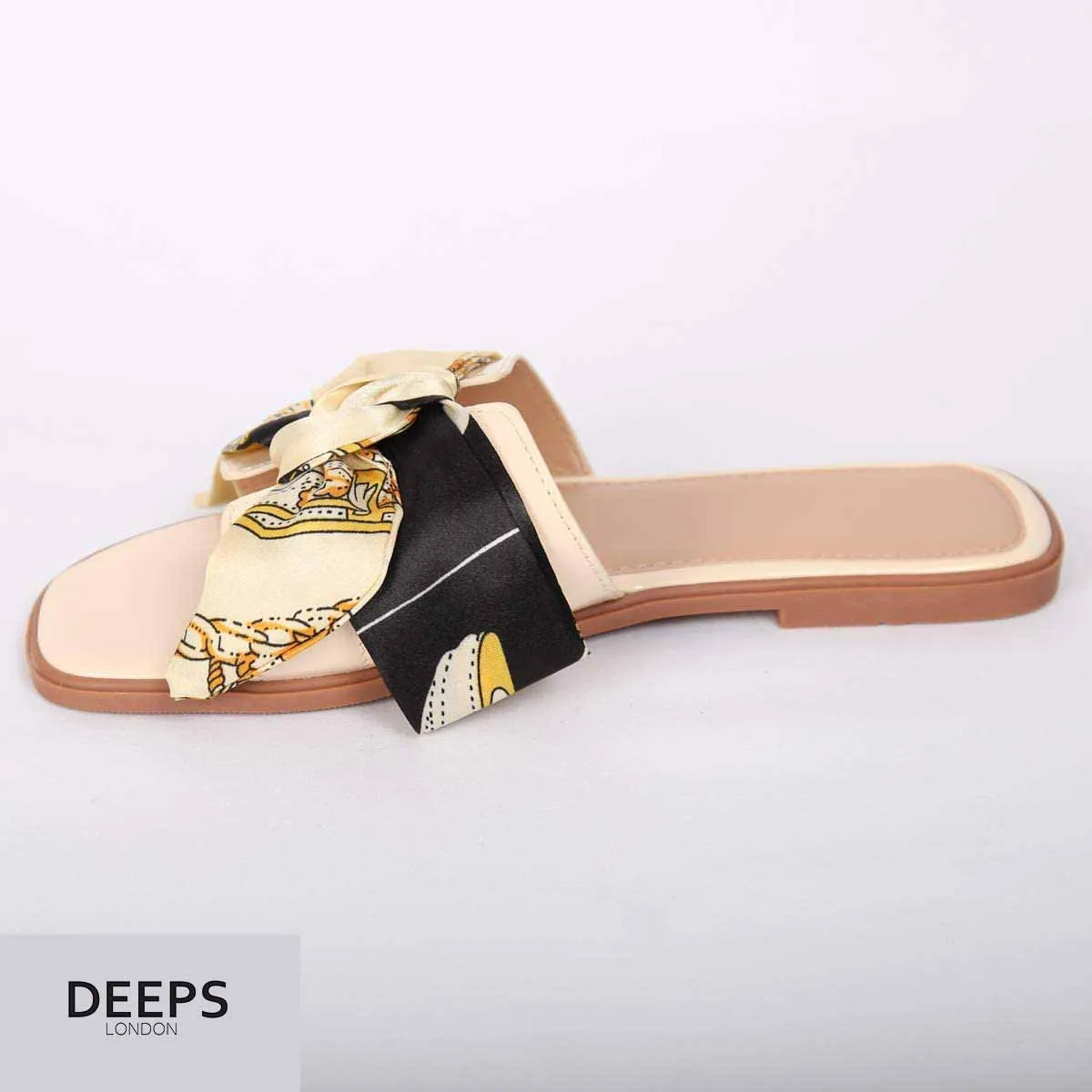 AISH WOMENS SCARF RIBBON BOW FLAT SLIDER SANDALS