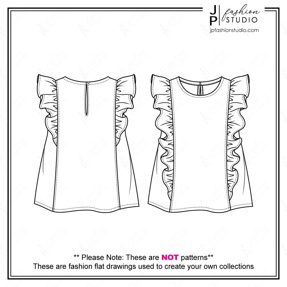 Baby Girls Frill Tops Sketches (2 styles) / Kids Fashion Technical Drawings / Toddler Girls Ruffle Tops Fashion Flat Sketches / Fashion CAD Designs for Adobe Illustrator