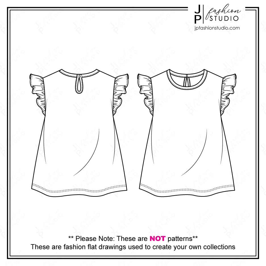Baby Girls Frill Tops Sketches (2 styles) / Kids Fashion Technical Drawings / Toddler Girls Ruffle Tops Fashion Flat Sketches / Fashion CAD Designs for Adobe Illustrator