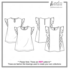Baby Girls Frill Tops Sketches (2 styles) / Kids Fashion Technical Drawings / Toddler Girls Ruffle Tops Fashion Flat Sketches / Fashion CAD Designs for Adobe Illustrator