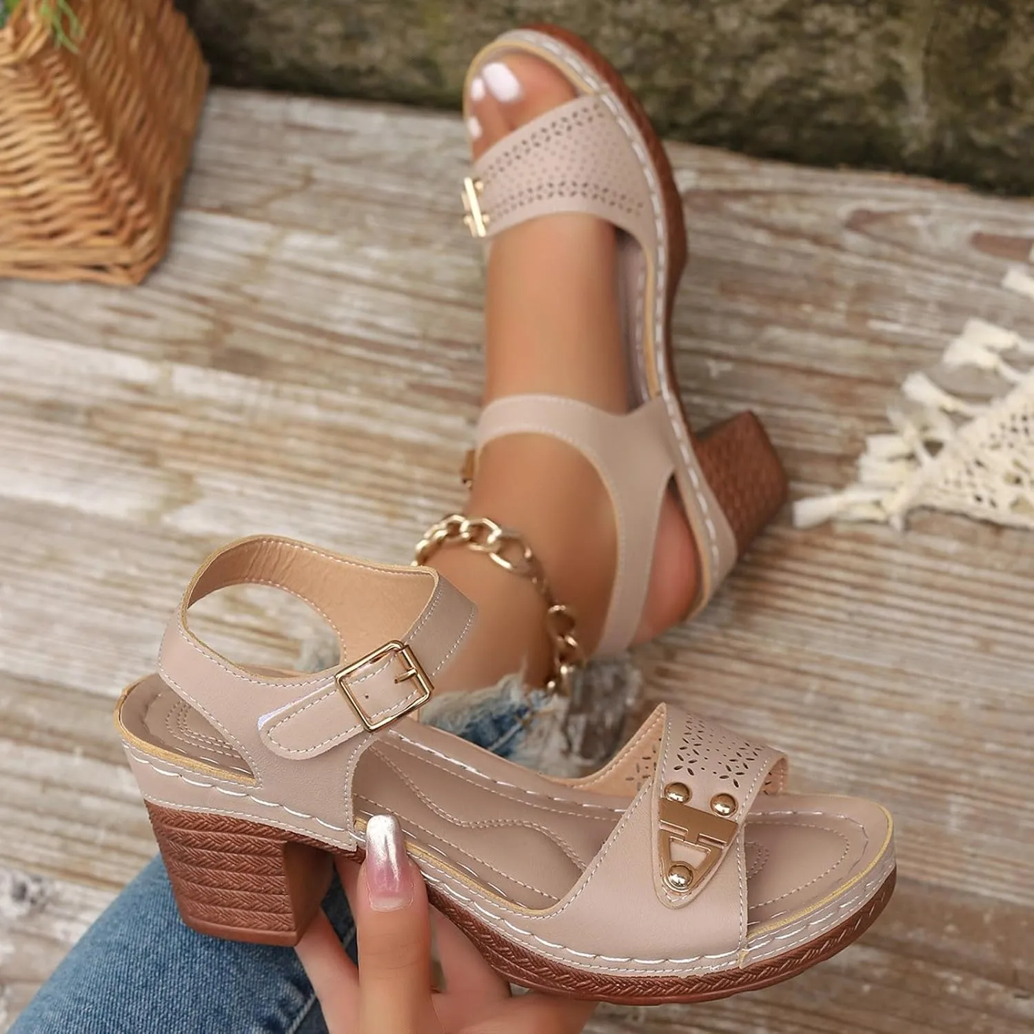 Chunky Block Heeled Sandals for Women Ankle Strappy Open Toe Dressy Heels Sandals Ladies Comfy Wedding Party Dress Shoes