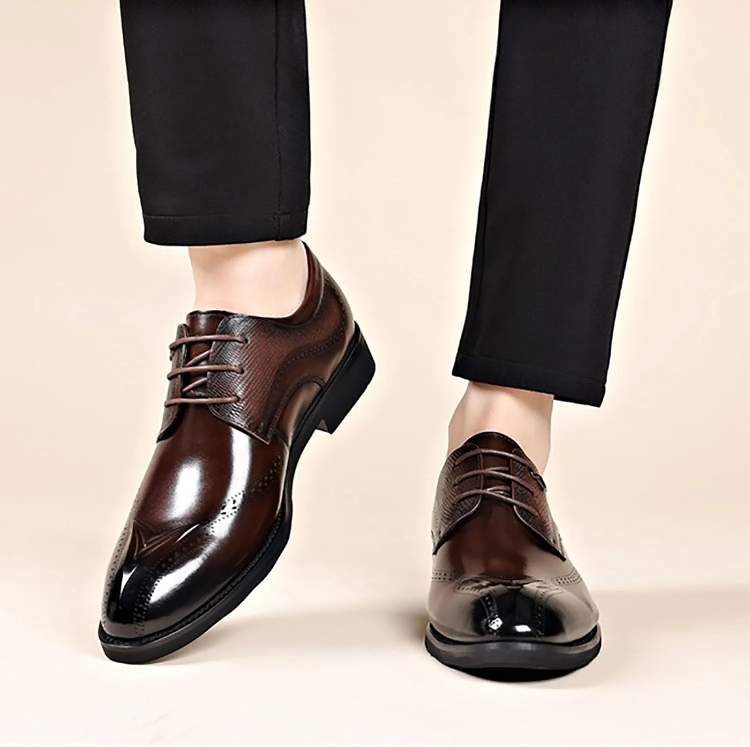 Dress Shoes Lace Up Oxford Classic Plain Toe Modern Leather Shoes for Men，Breathable Hollow Printing Genuine Leather in Classic Oxford