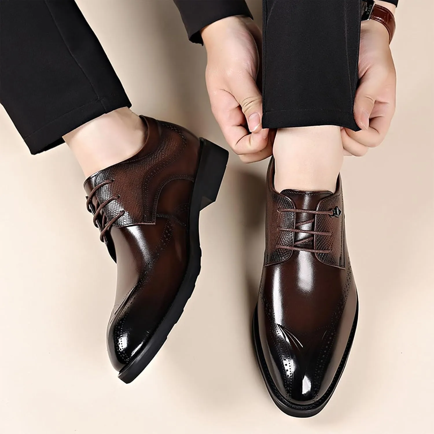 Dress Shoes Lace Up Oxford Classic Plain Toe Modern Leather Shoes for Men，Breathable Hollow Printing Genuine Leather in Classic Oxford