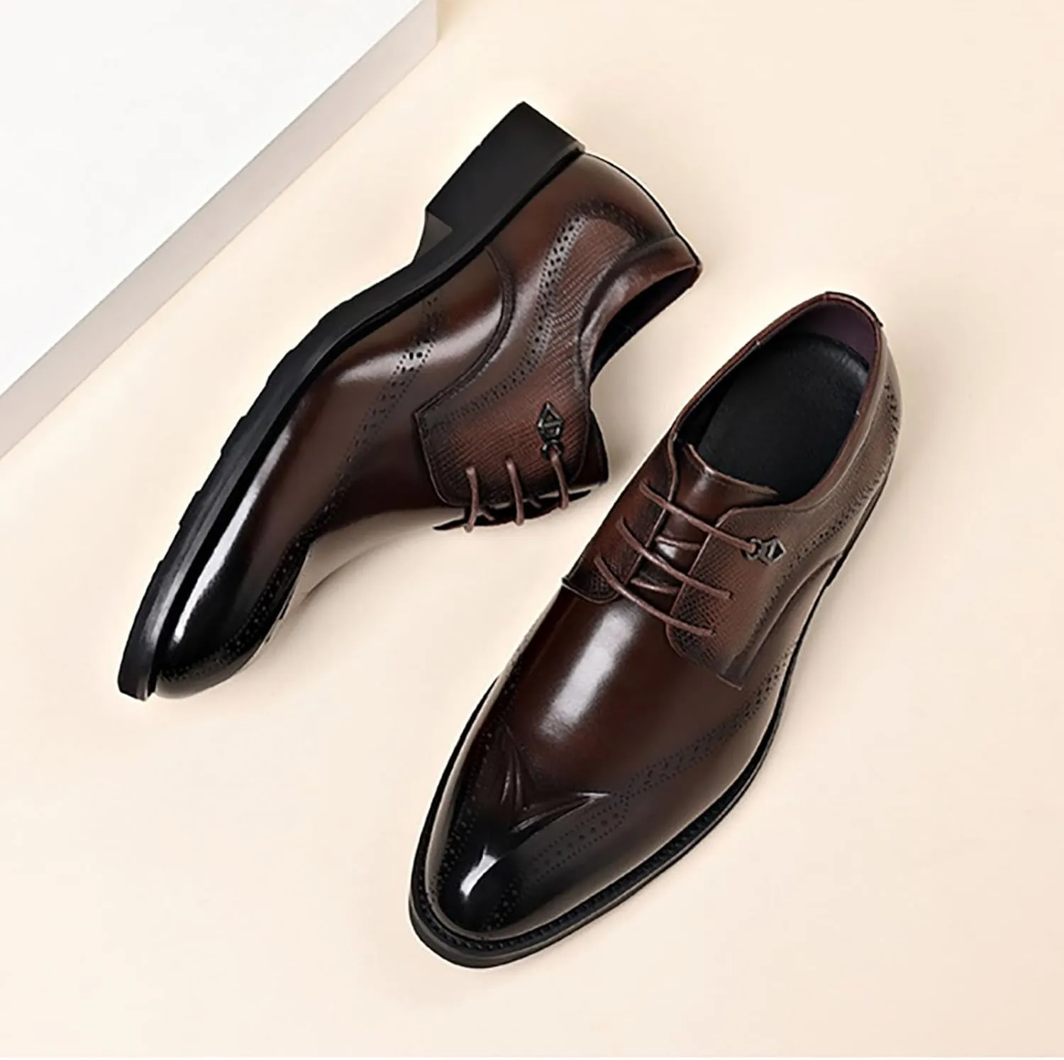 Dress Shoes Lace Up Oxford Classic Plain Toe Modern Leather Shoes for Men，Breathable Hollow Printing Genuine Leather in Classic Oxford