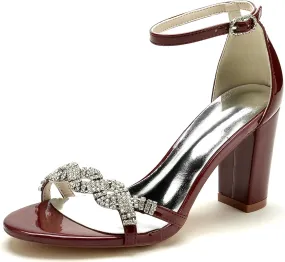 Fashion Patent Leather Wedding Dress Shoes for Bride Bridesmaid Open Toe Ankle Strap Chunky Heel Women's Rhinestone Heeled Sandals
