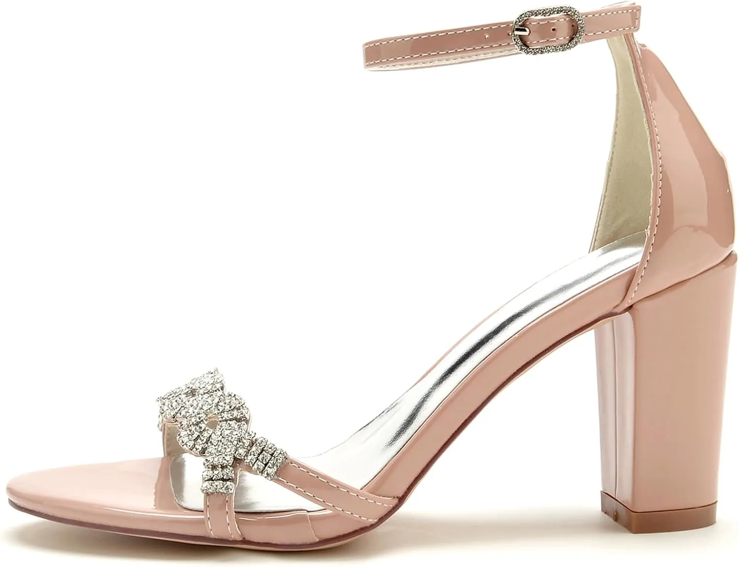 Fashion Patent Leather Wedding Dress Shoes for Bride Bridesmaid Open Toe Ankle Strap Chunky Heel Women's Rhinestone Heeled Sandals
