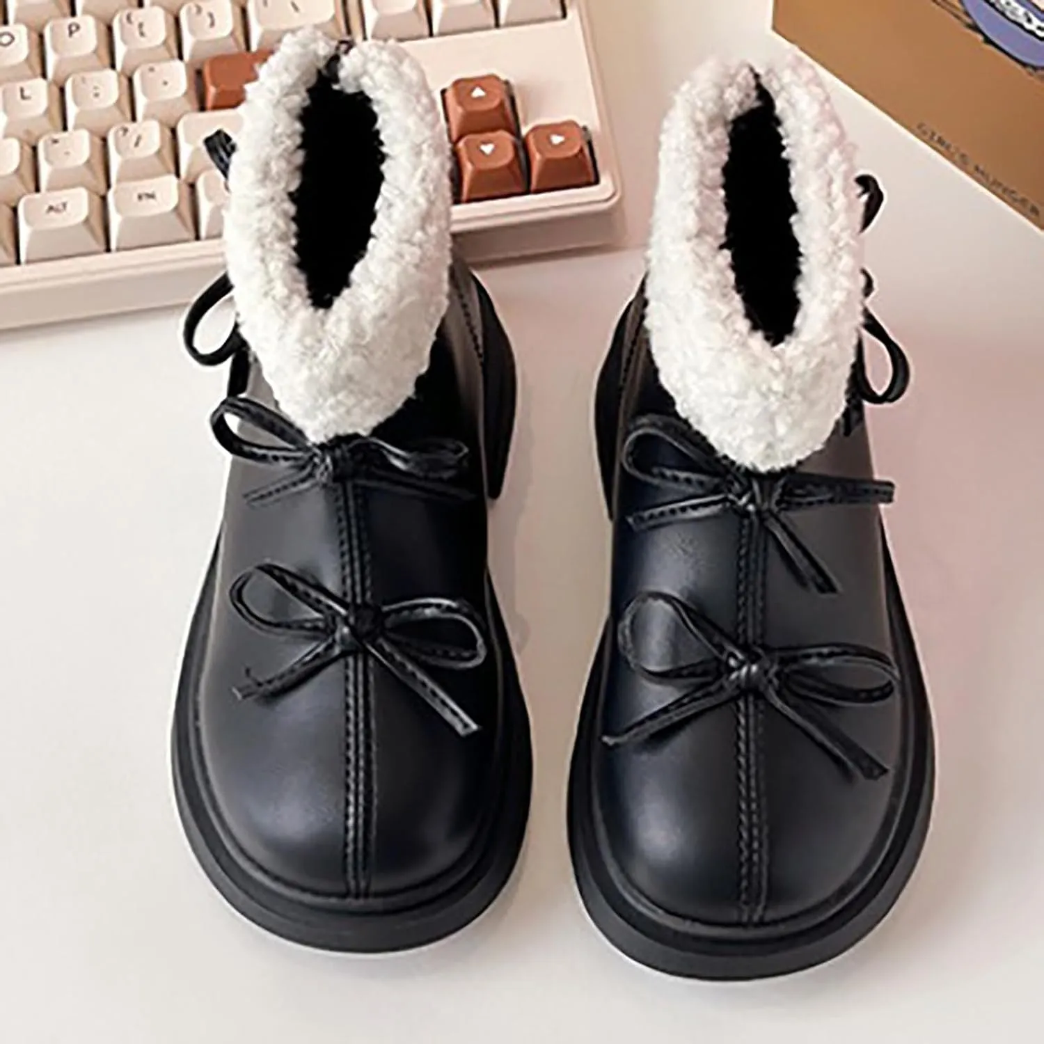 Girl Snow Boots Lace Up Plush Lined Slip On Shoes Leather Winter Walking Shoes Non Slip Round Toe Ankle Boots