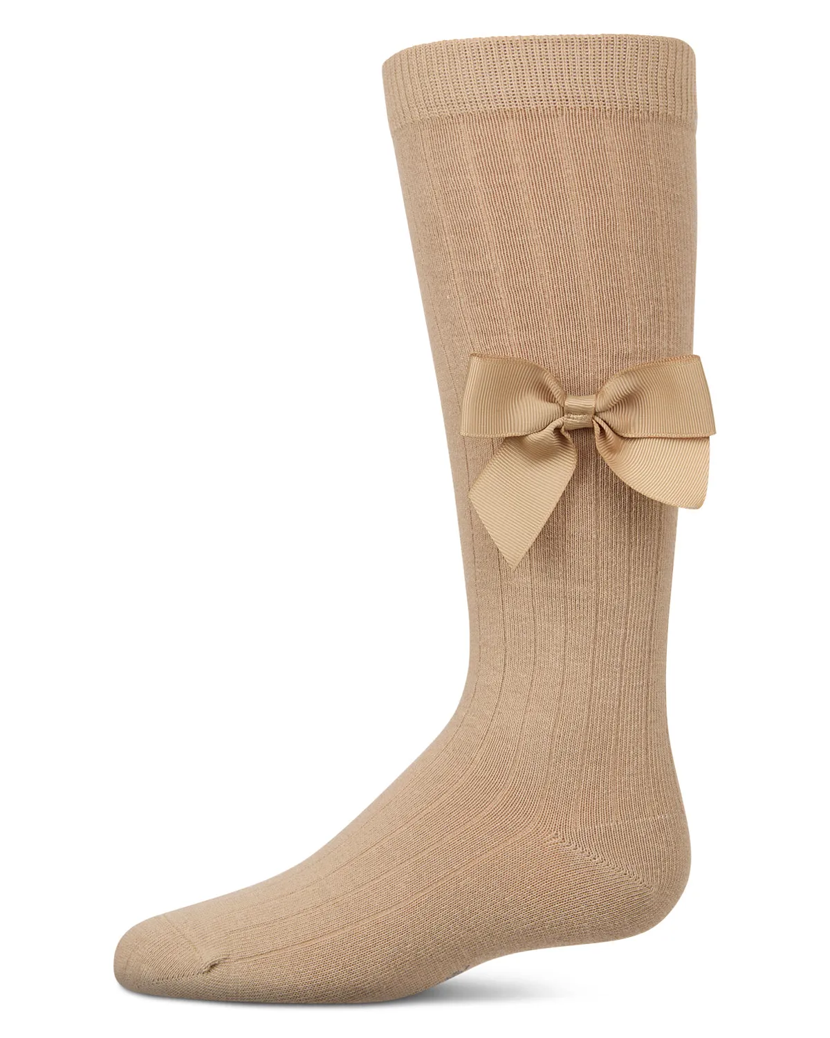 Girls Ribbed Stretch Cotton Bow Trim Knee Sock