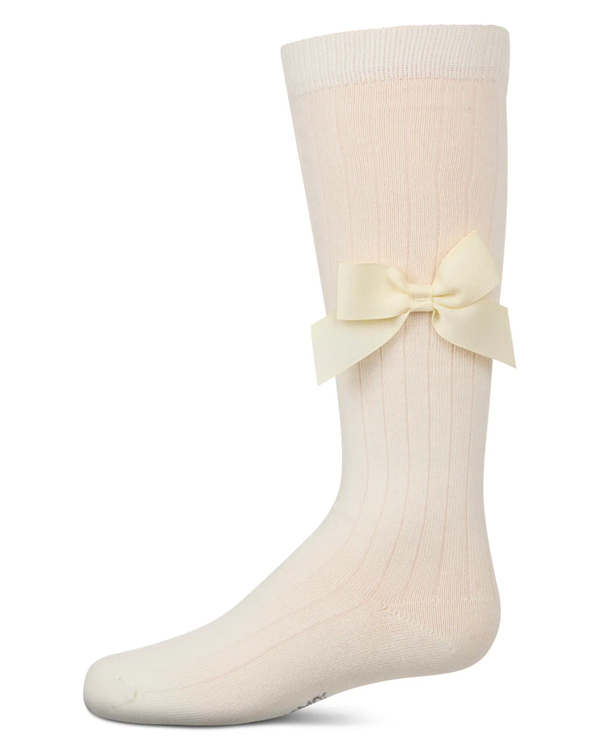 Girls Ribbed Stretch Cotton Bow Trim Knee Sock
