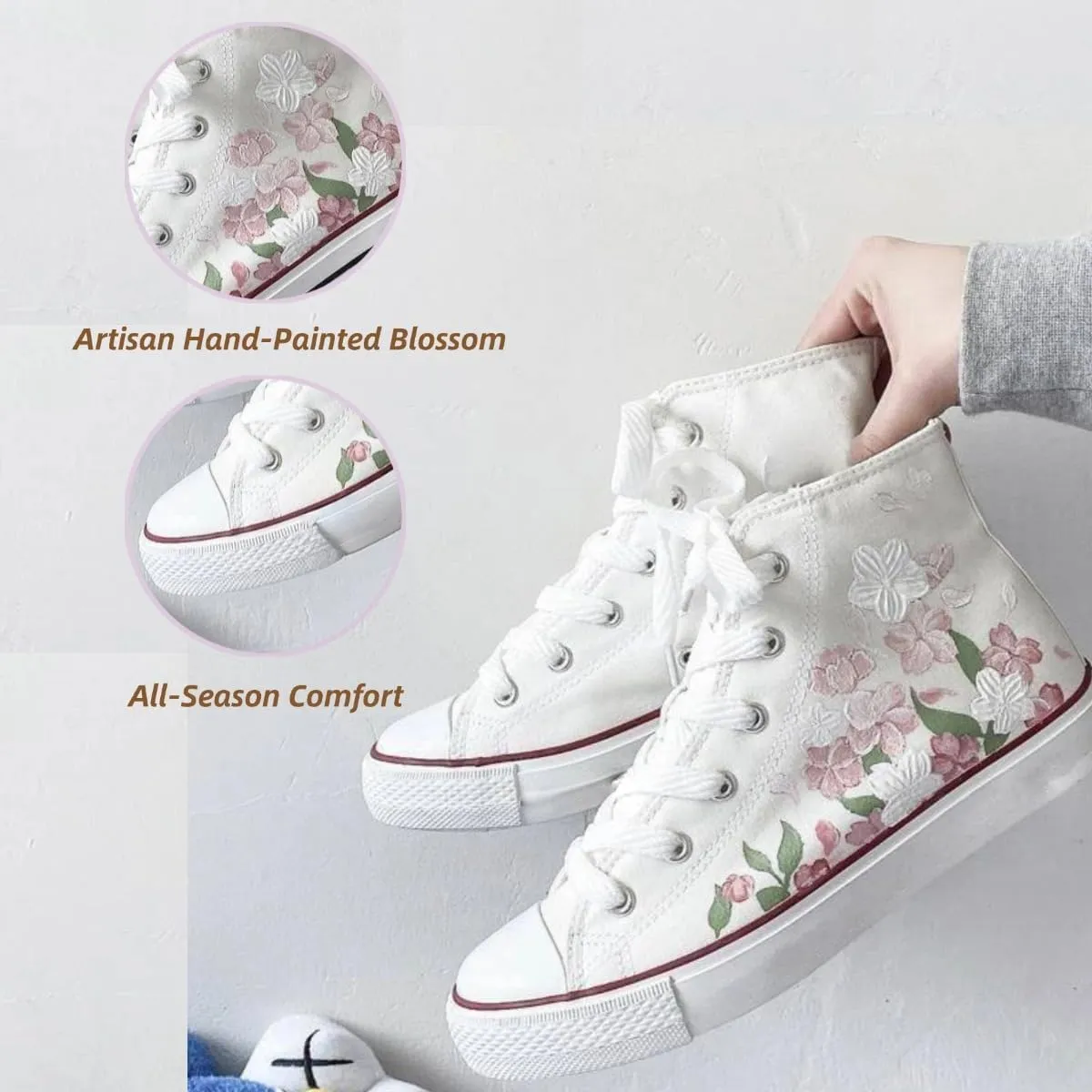Hand-Painted Sakura Canvas Shoes Women’s High-Top Sneakers Collab – Vintage Floral Art Style, Lightweight & Non-Slip Casual Graffiti Shoes for Girls Students