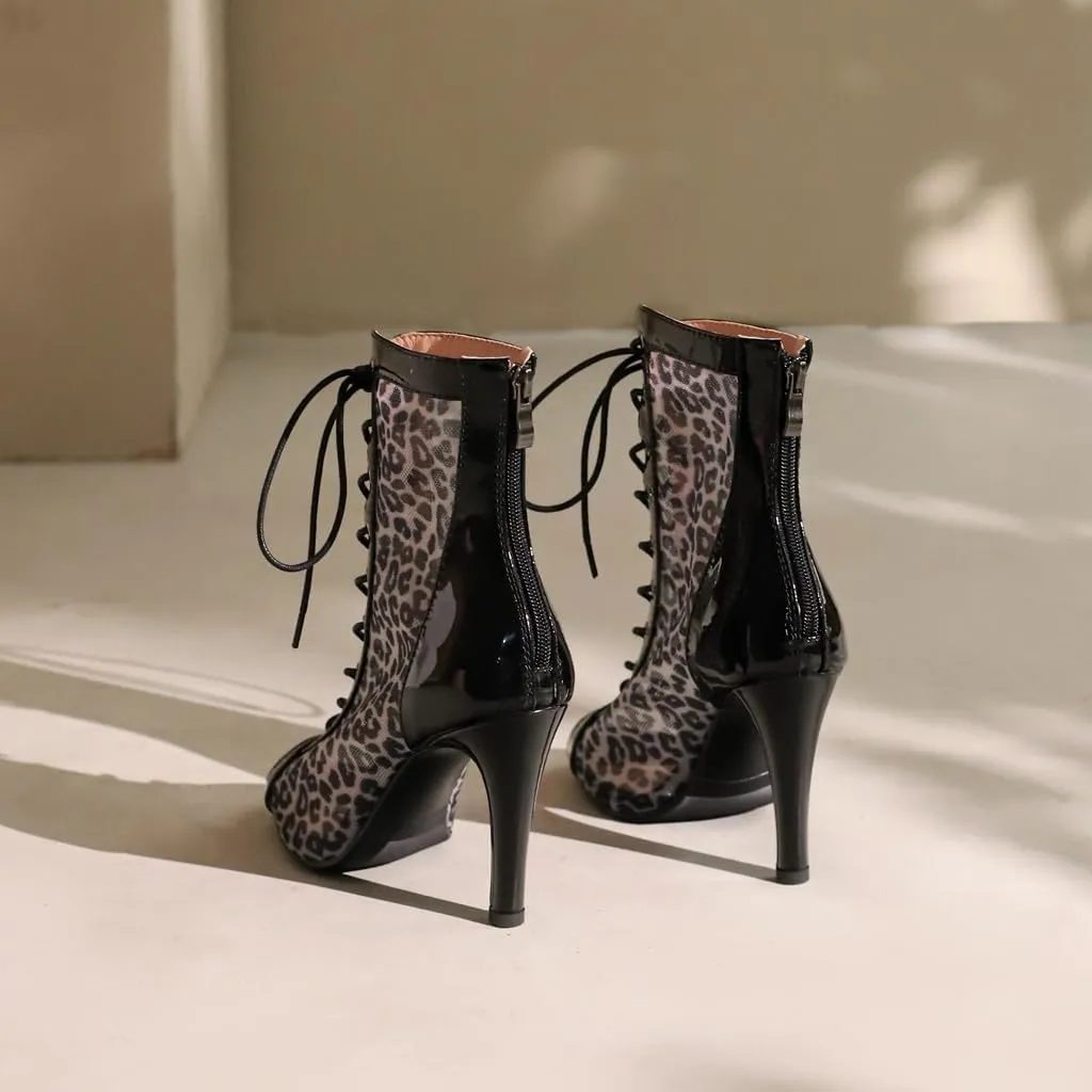 Lace Up Peep Toe Heeled Sandals For Womens Fashion Leopard Stilettos High Heel Dance Dress Ankle Booties