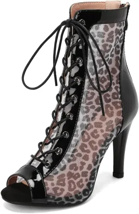 Lace Up Peep Toe Heeled Sandals For Womens Fashion Leopard Stilettos High Heel Dance Dress Ankle Booties