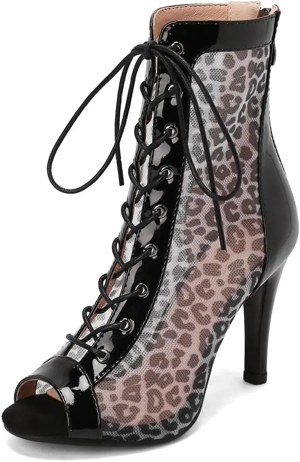 Lace Up Peep Toe Heeled Sandals For Womens Fashion Leopard Stilettos High Heel Dance Dress Ankle Booties
