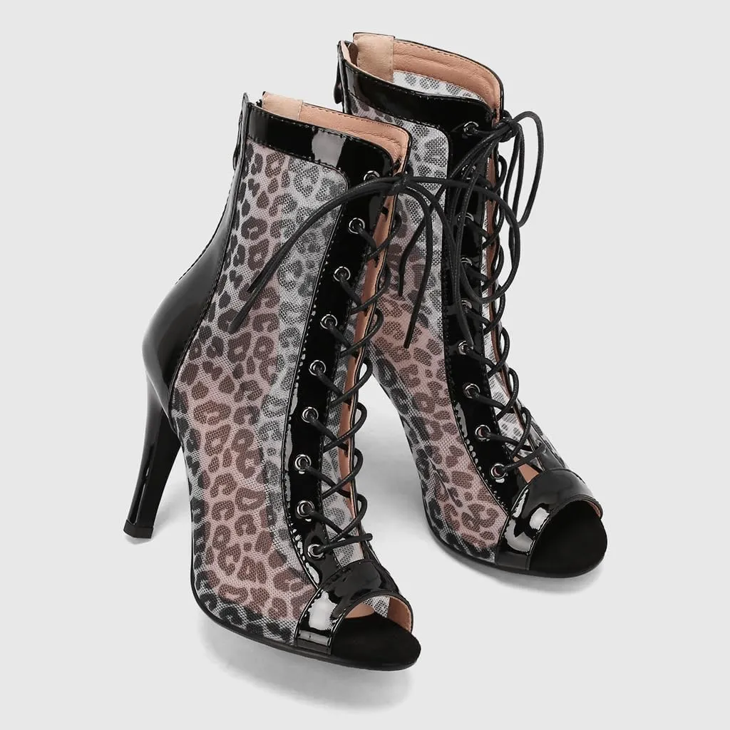 Lace Up Peep Toe Heeled Sandals For Womens Fashion Leopard Stilettos High Heel Dance Dress Ankle Booties