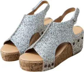 Ladmiple Womens Sandals Comfortable Dressy Wedge Heel Platform Sandals Casual Summer Slip on Rhinestone Glitter Dress Shoes