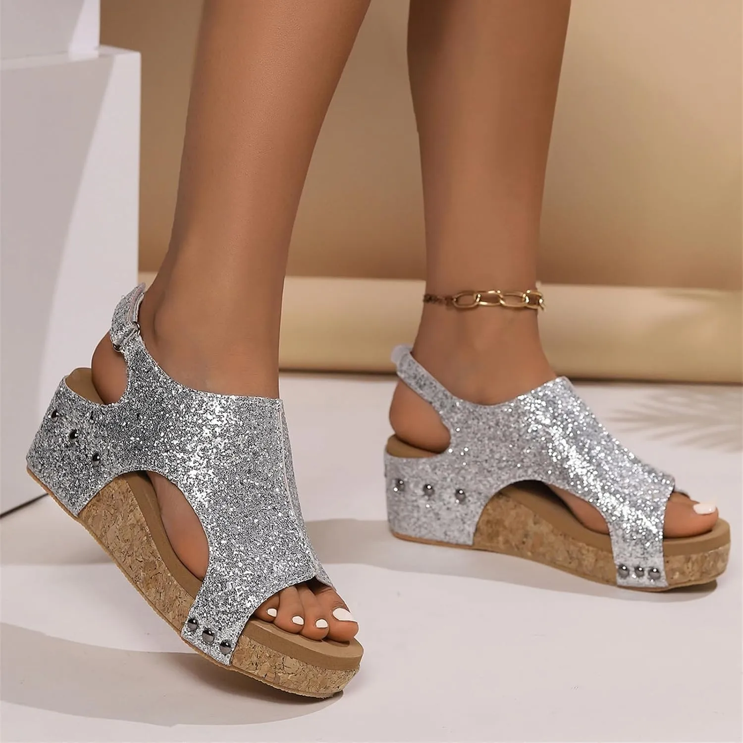 Ladmiple Womens Sandals Comfortable Dressy Wedge Heel Platform Sandals Casual Summer Slip on Rhinestone Glitter Dress Shoes