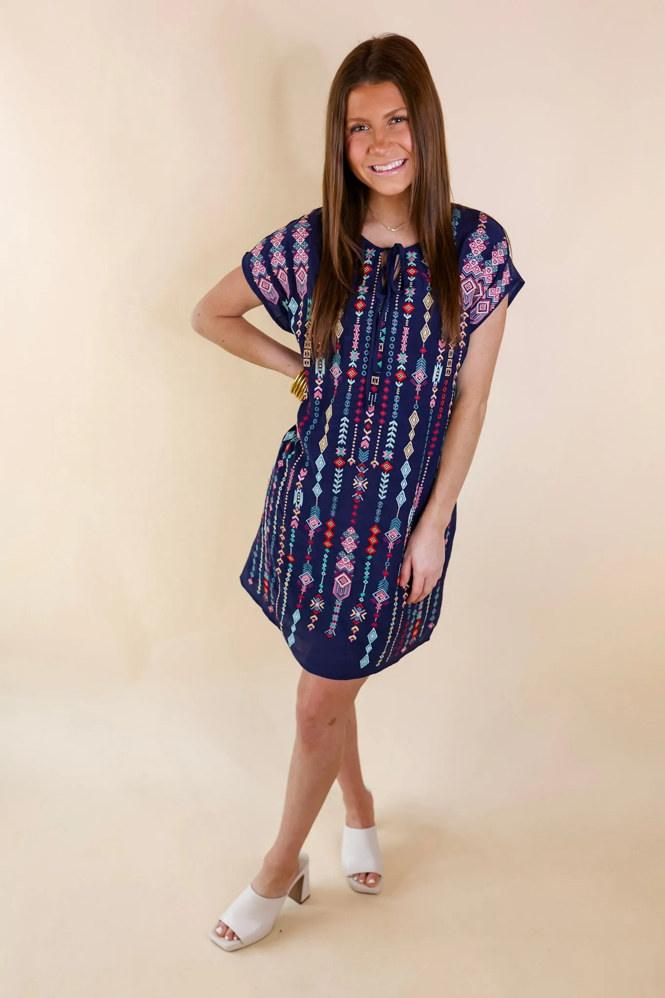 Love Crush Tribal Embroidered Dress with Front Keyhole in Navy Blue
