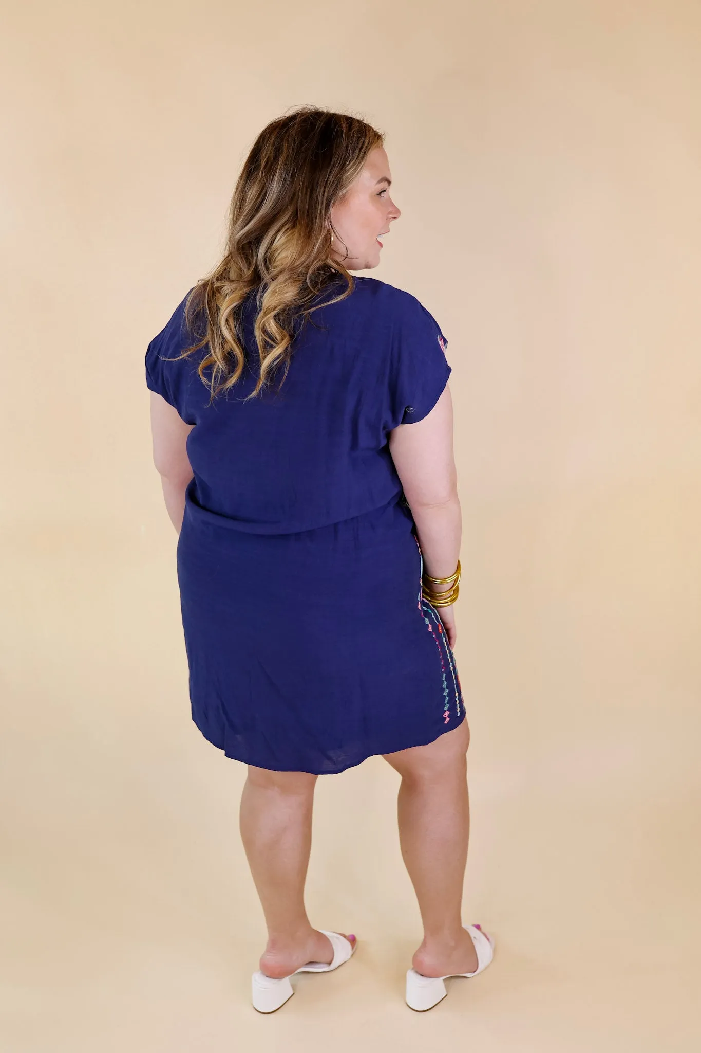 Love Crush Tribal Embroidered Dress with Front Keyhole in Navy Blue