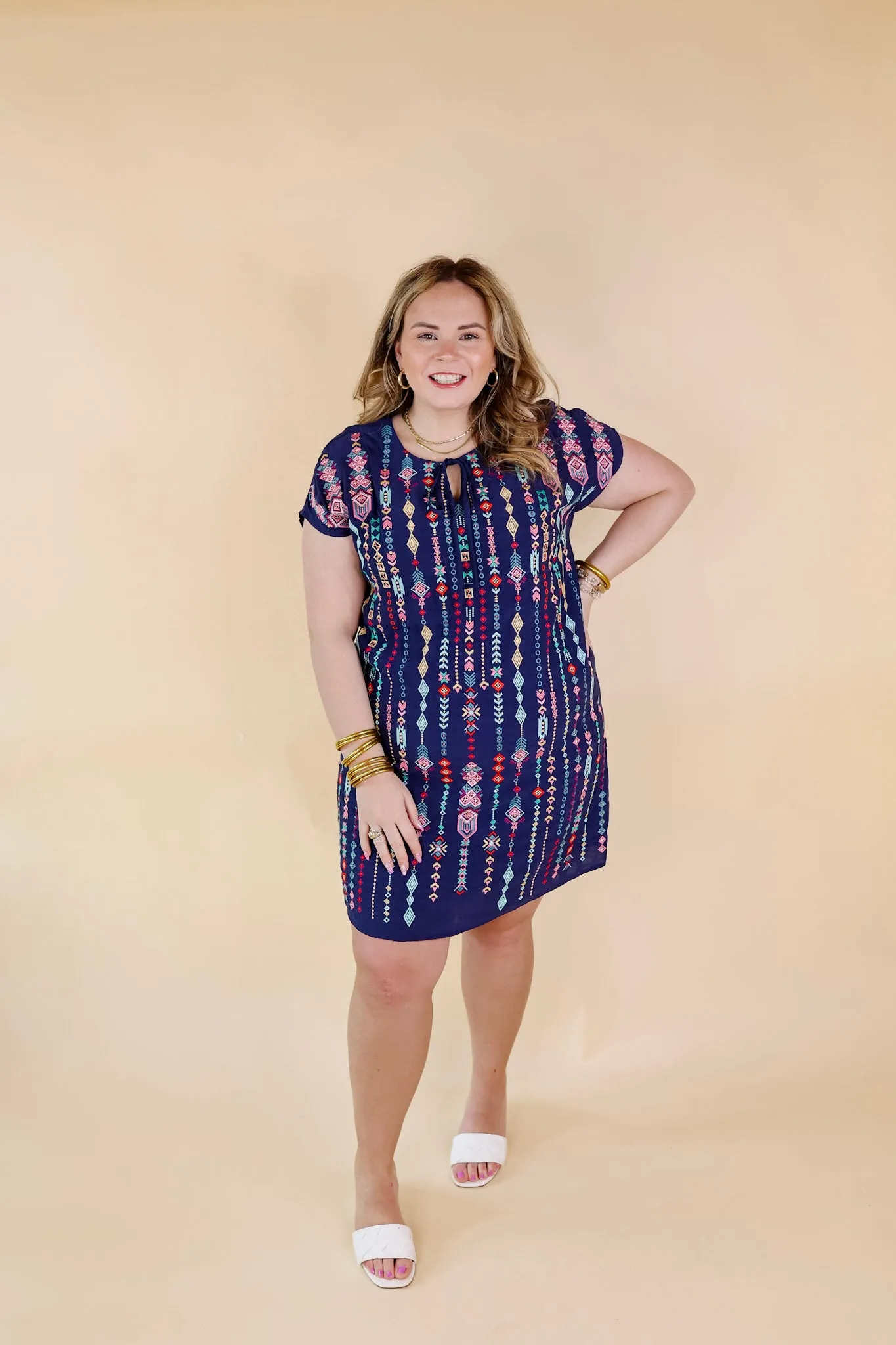 Love Crush Tribal Embroidered Dress with Front Keyhole in Navy Blue