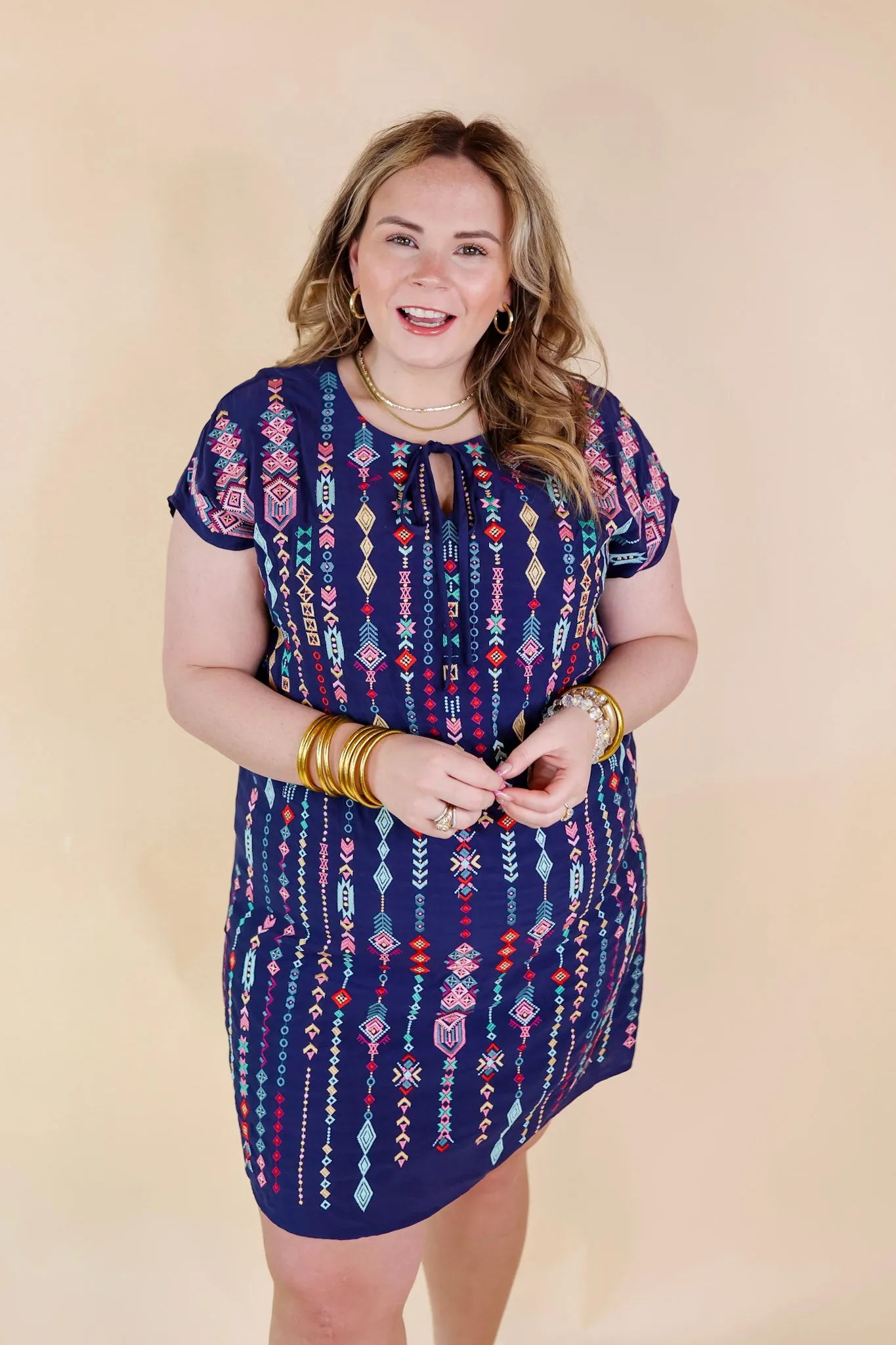 Love Crush Tribal Embroidered Dress with Front Keyhole in Navy Blue