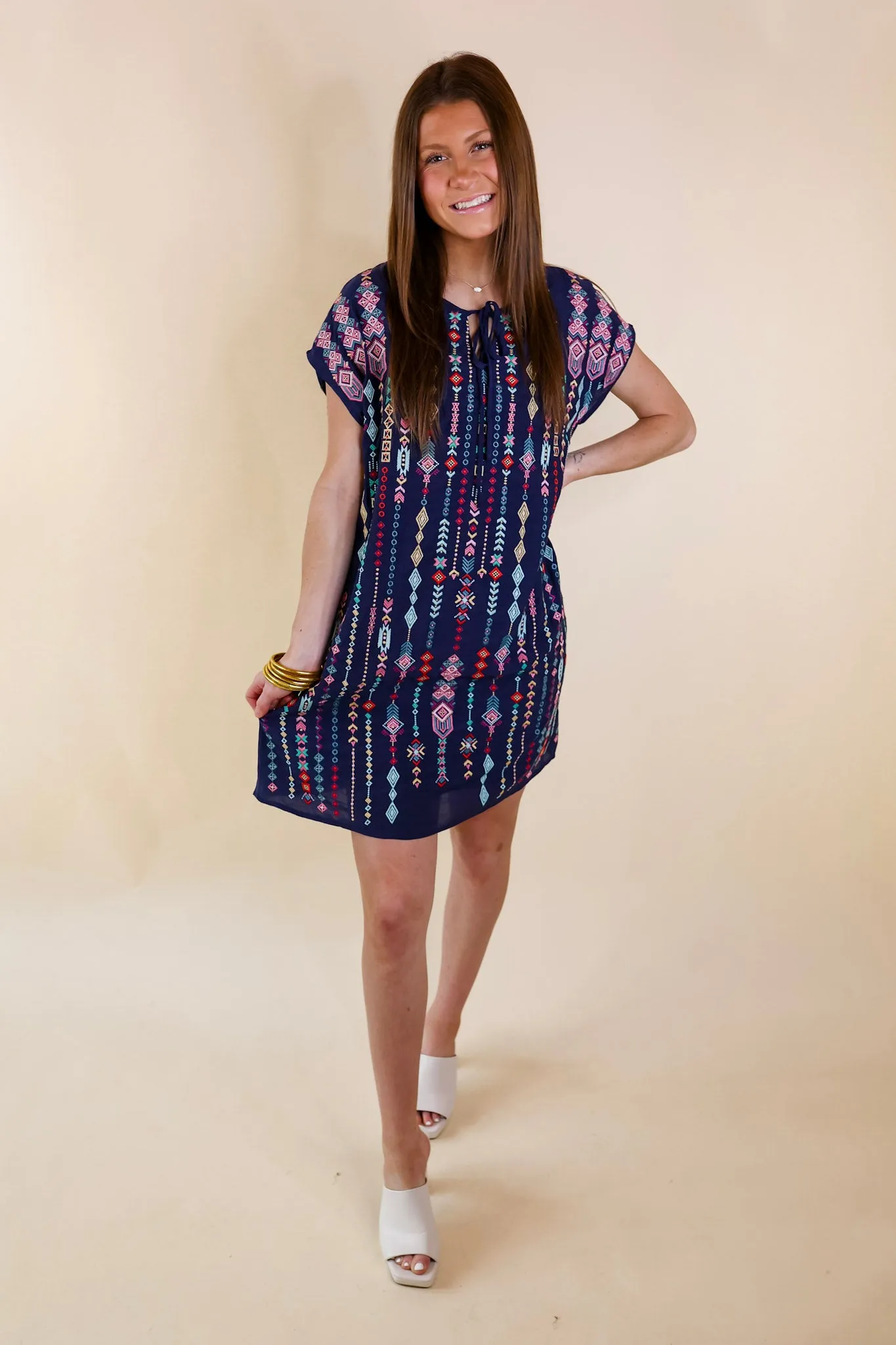 Love Crush Tribal Embroidered Dress with Front Keyhole in Navy Blue