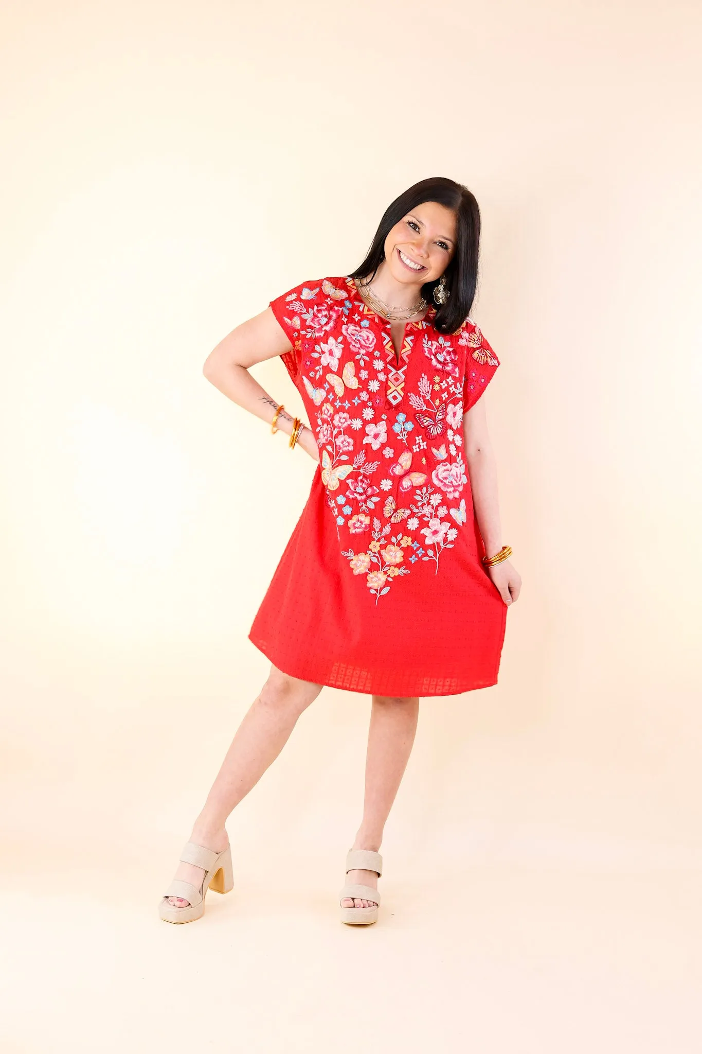 Lovely Feeling Floral Embroidered Dress with a Notched Neckline in Red