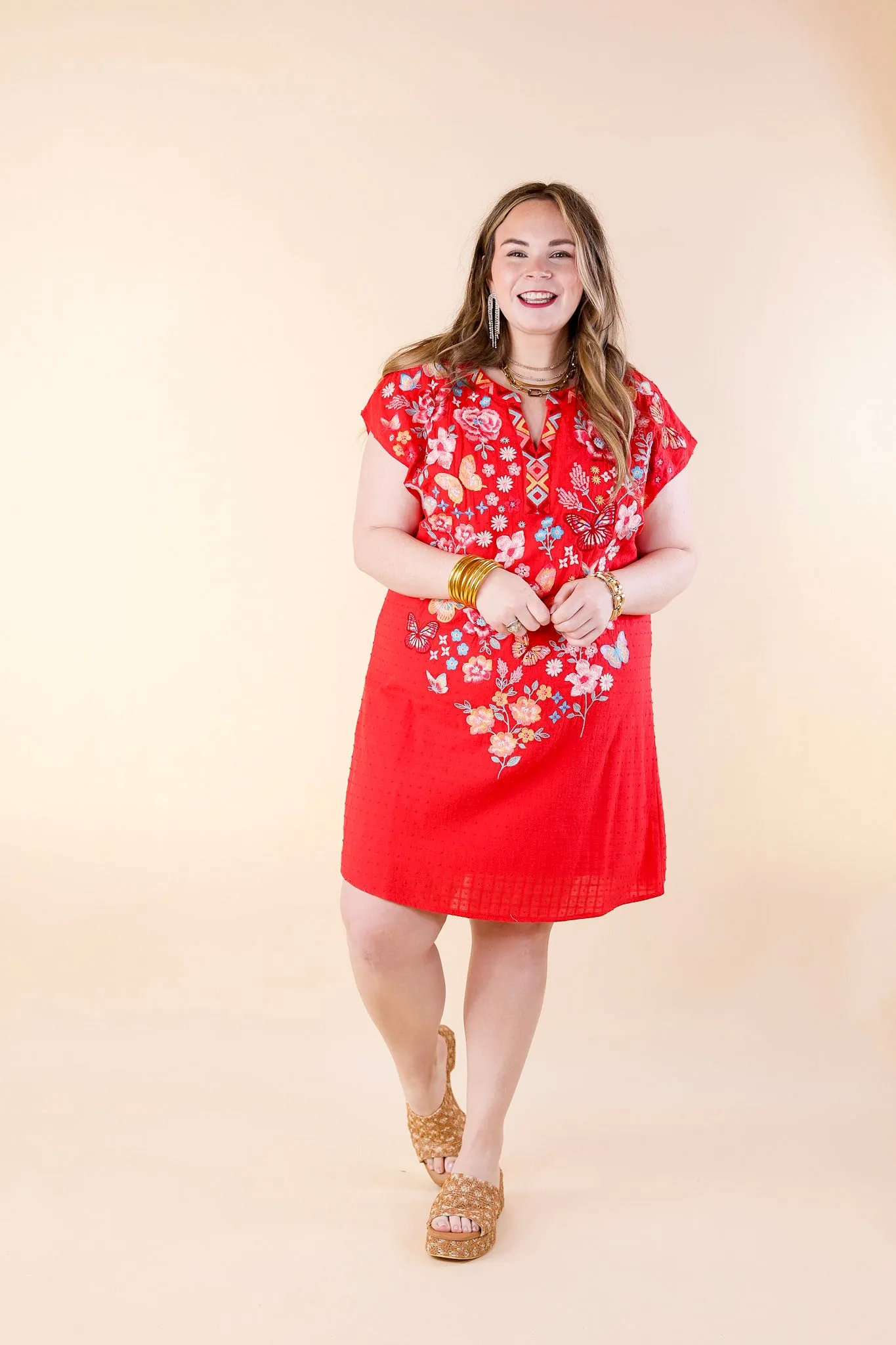 Lovely Feeling Floral Embroidered Dress with a Notched Neckline in Red