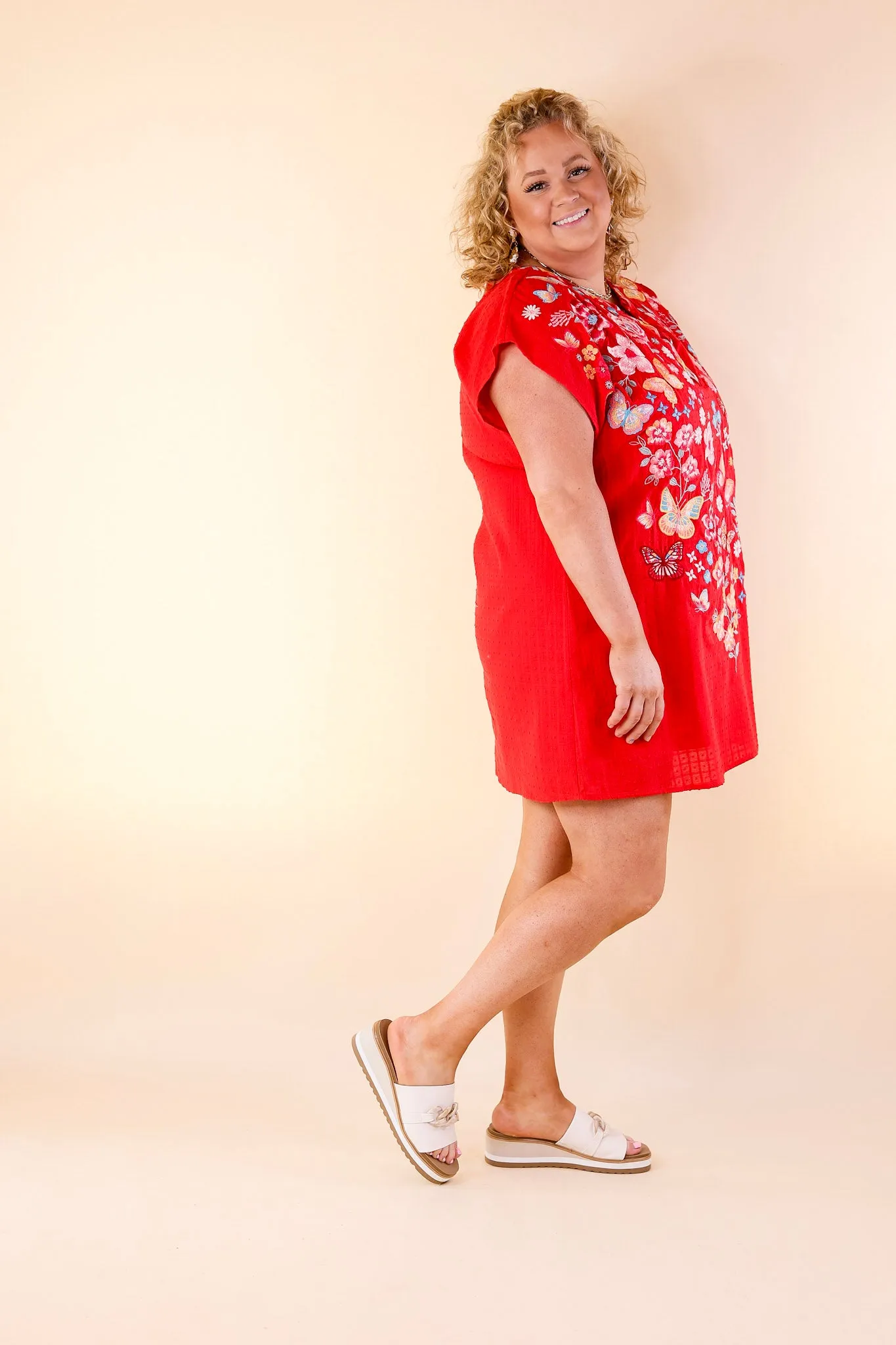Lovely Feeling Floral Embroidered Dress with a Notched Neckline in Red