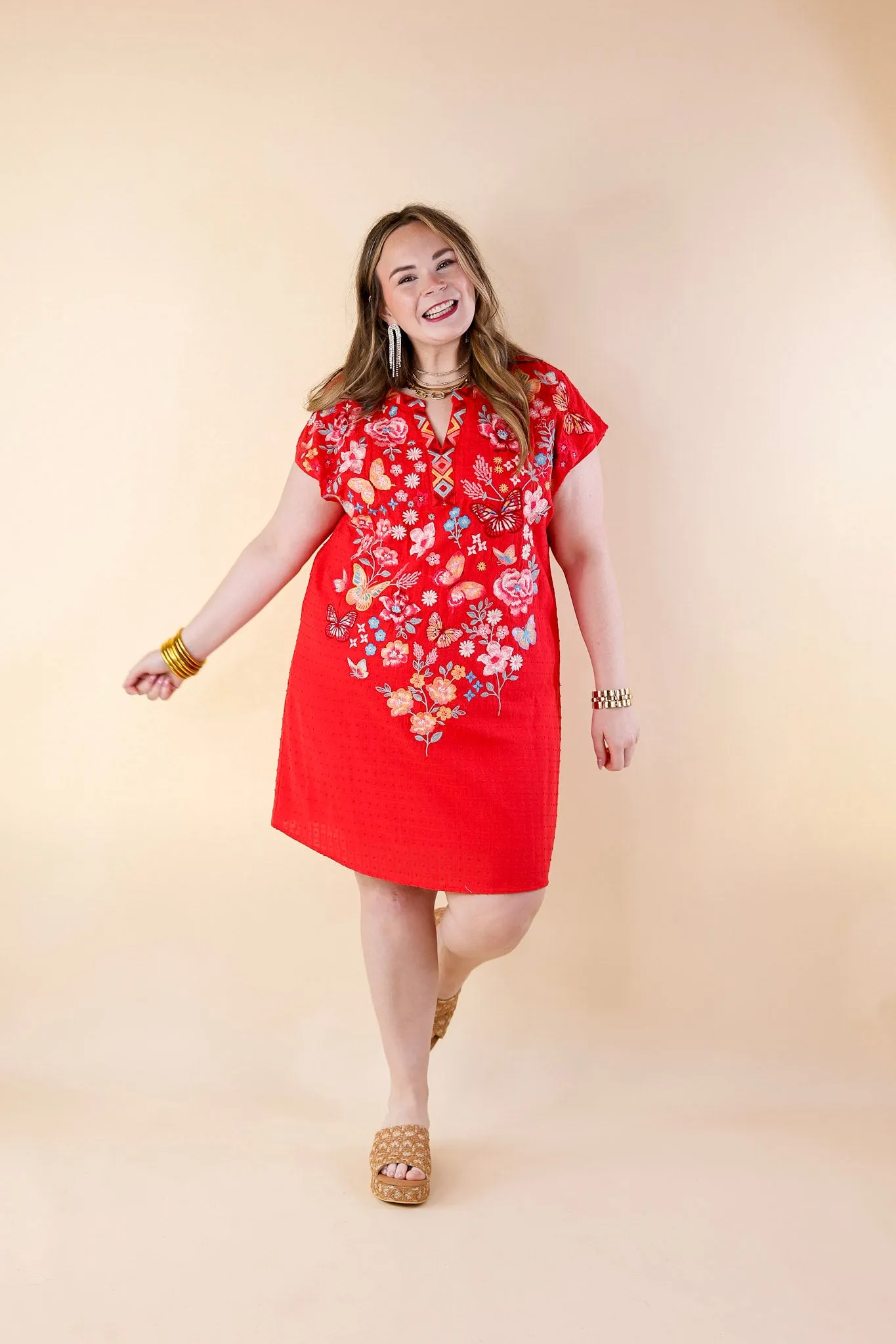 Lovely Feeling Floral Embroidered Dress with a Notched Neckline in Red