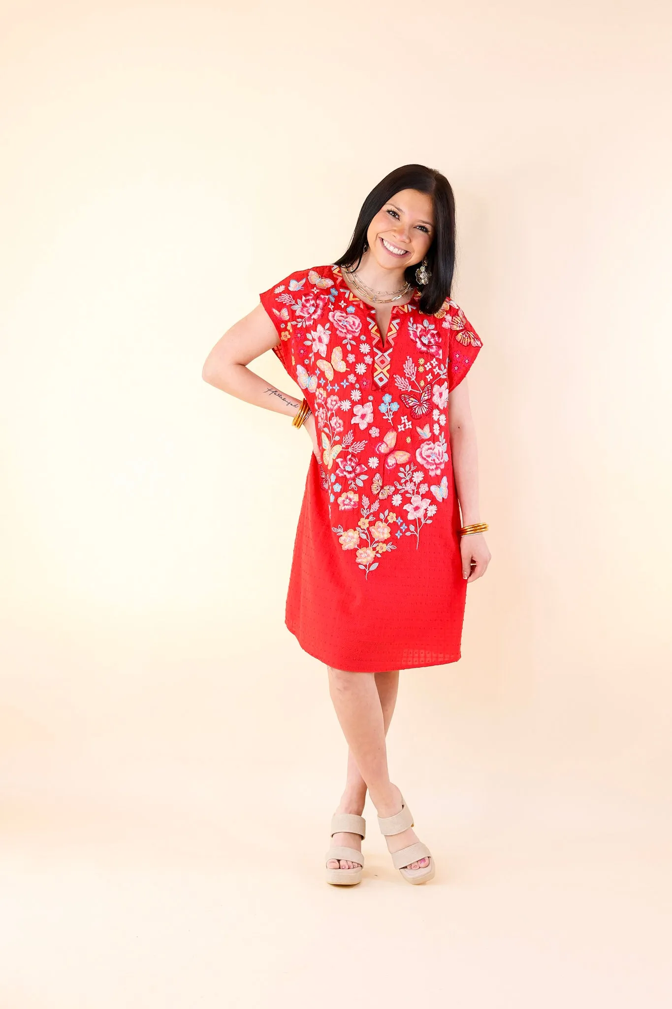Lovely Feeling Floral Embroidered Dress with a Notched Neckline in Red
