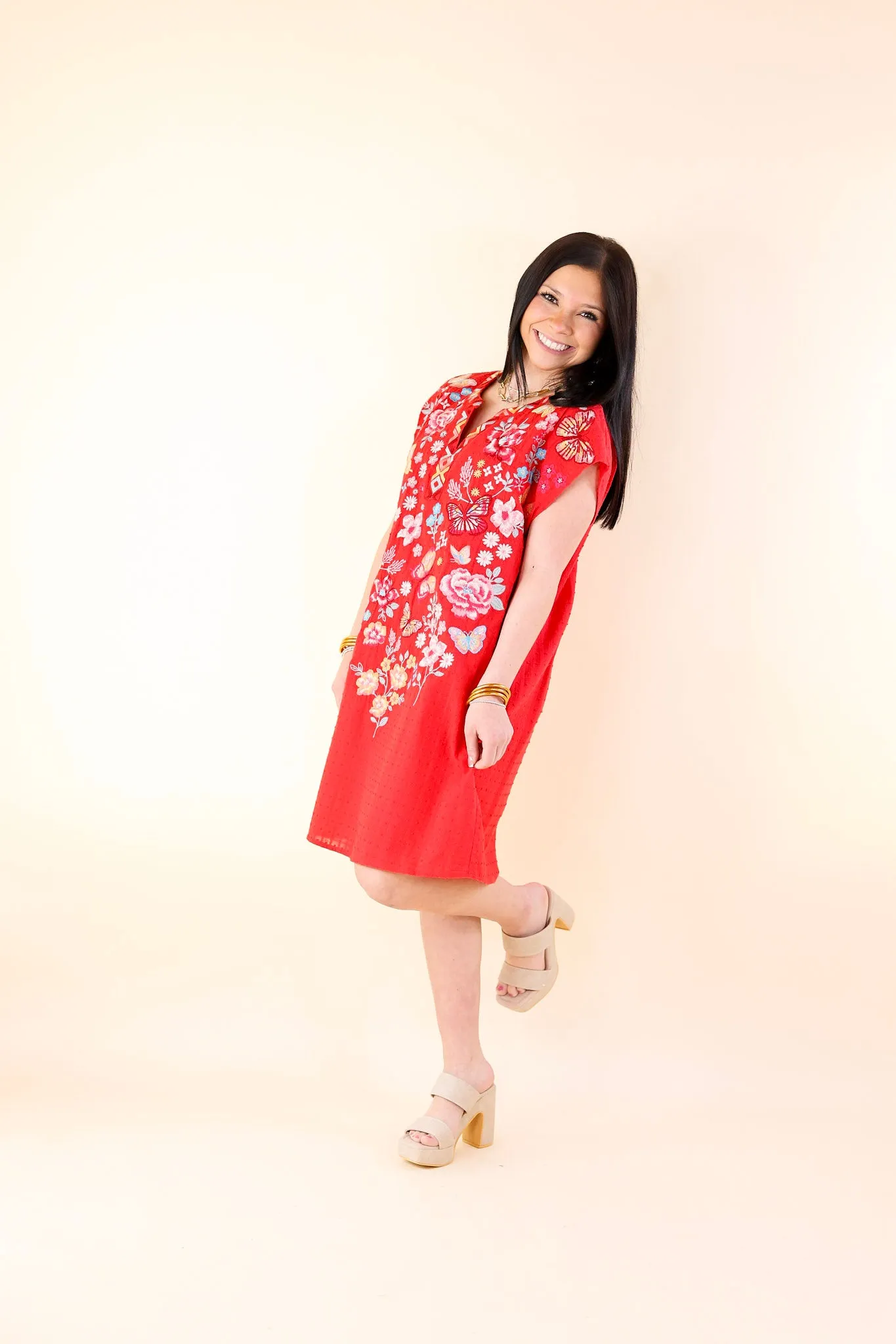 Lovely Feeling Floral Embroidered Dress with a Notched Neckline in Red