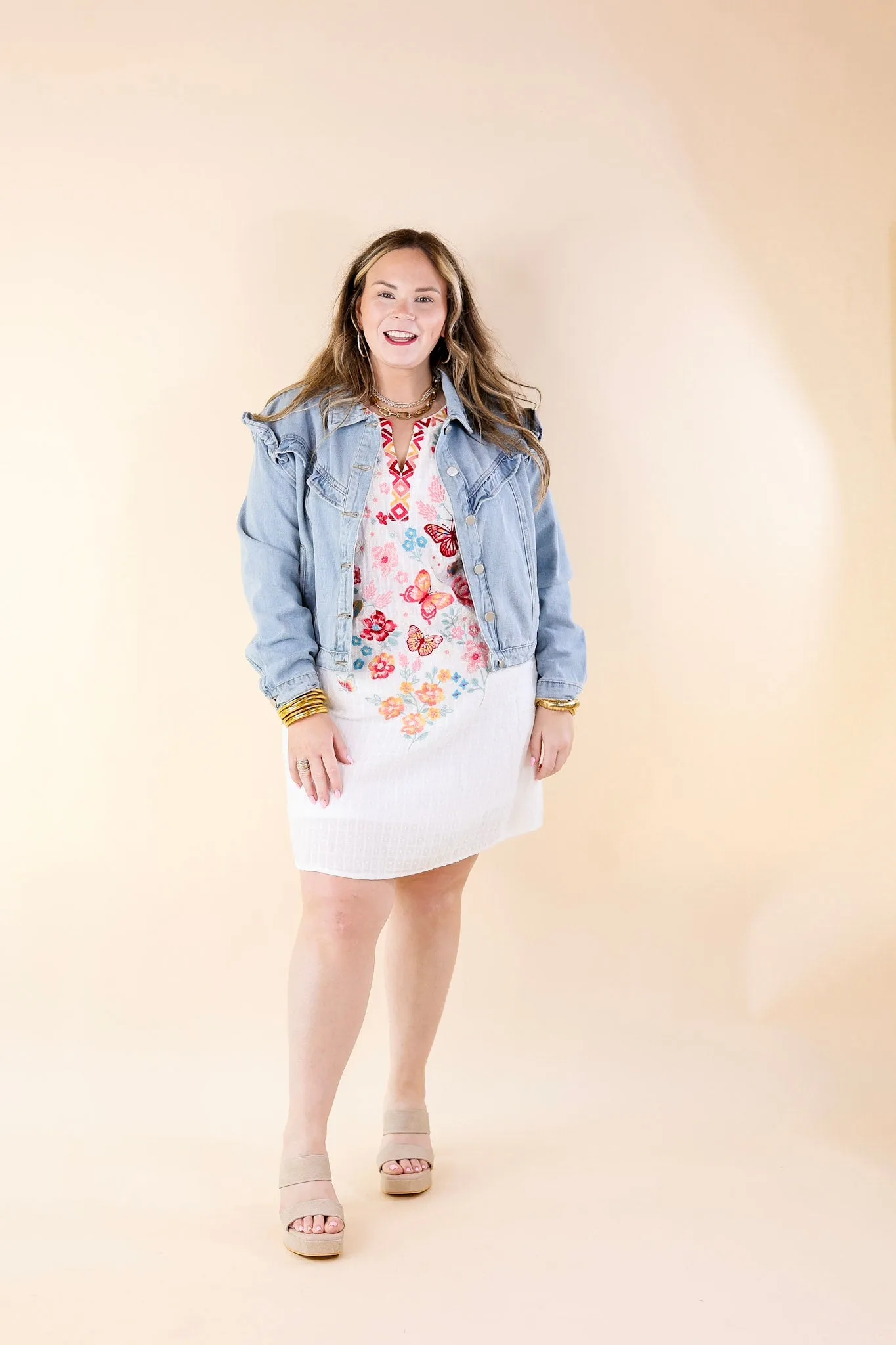 Lovely Feeling Floral Embroidered Dress with a Notched Neckline in White