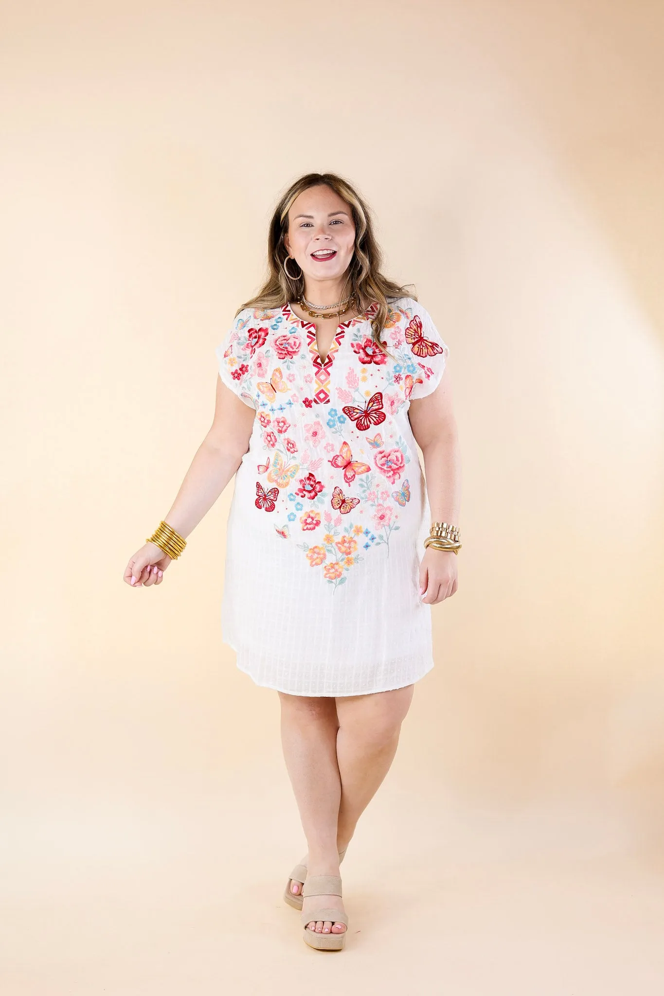Lovely Feeling Floral Embroidered Dress with a Notched Neckline in White