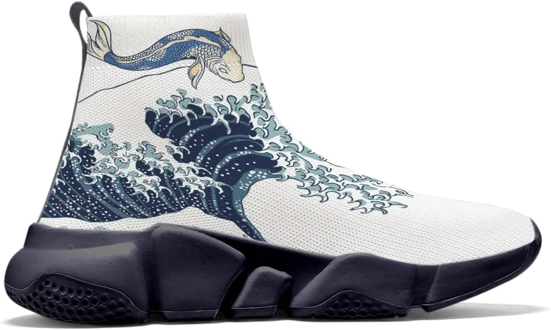 Men's Plus Size Sneakers Japanese Graffiti Art Printed Shoes Womens Casual Walking Socks Shoes White US 7-15
