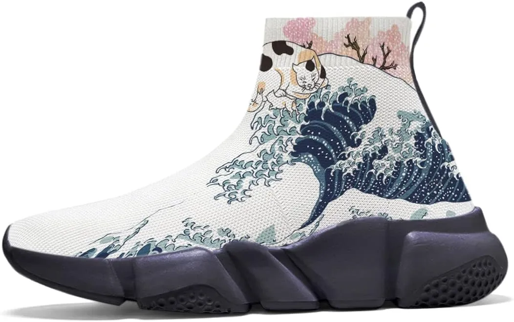 Men's Plus Size Sneakers Japanese Graffiti Art Printed Shoes Womens Casual Walking Socks Shoes White US 7-15