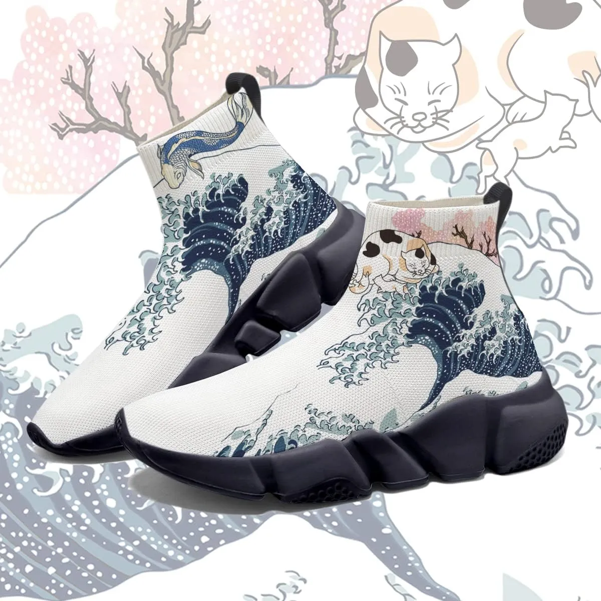 Men's Plus Size Sneakers Japanese Graffiti Art Printed Shoes Womens Casual Walking Socks Shoes White US 7-15