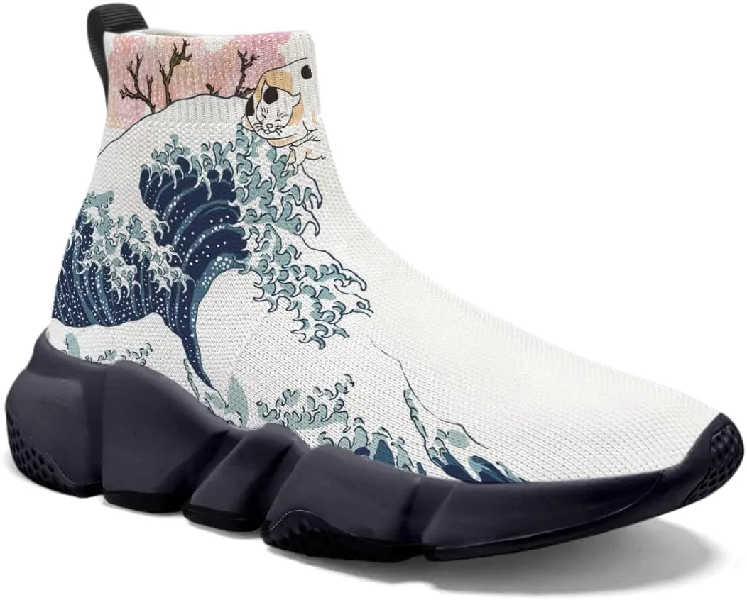 Men's Plus Size Sneakers Japanese Graffiti Art Printed Shoes Womens Casual Walking Socks Shoes White US 7-15