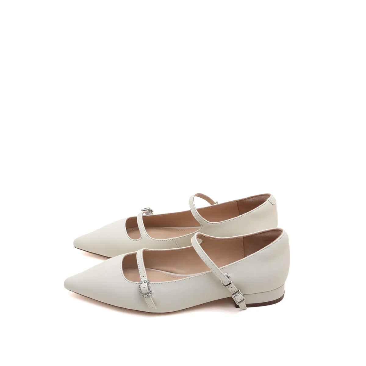 Pointy Beige Crystal buckle Mary Jane Flats
