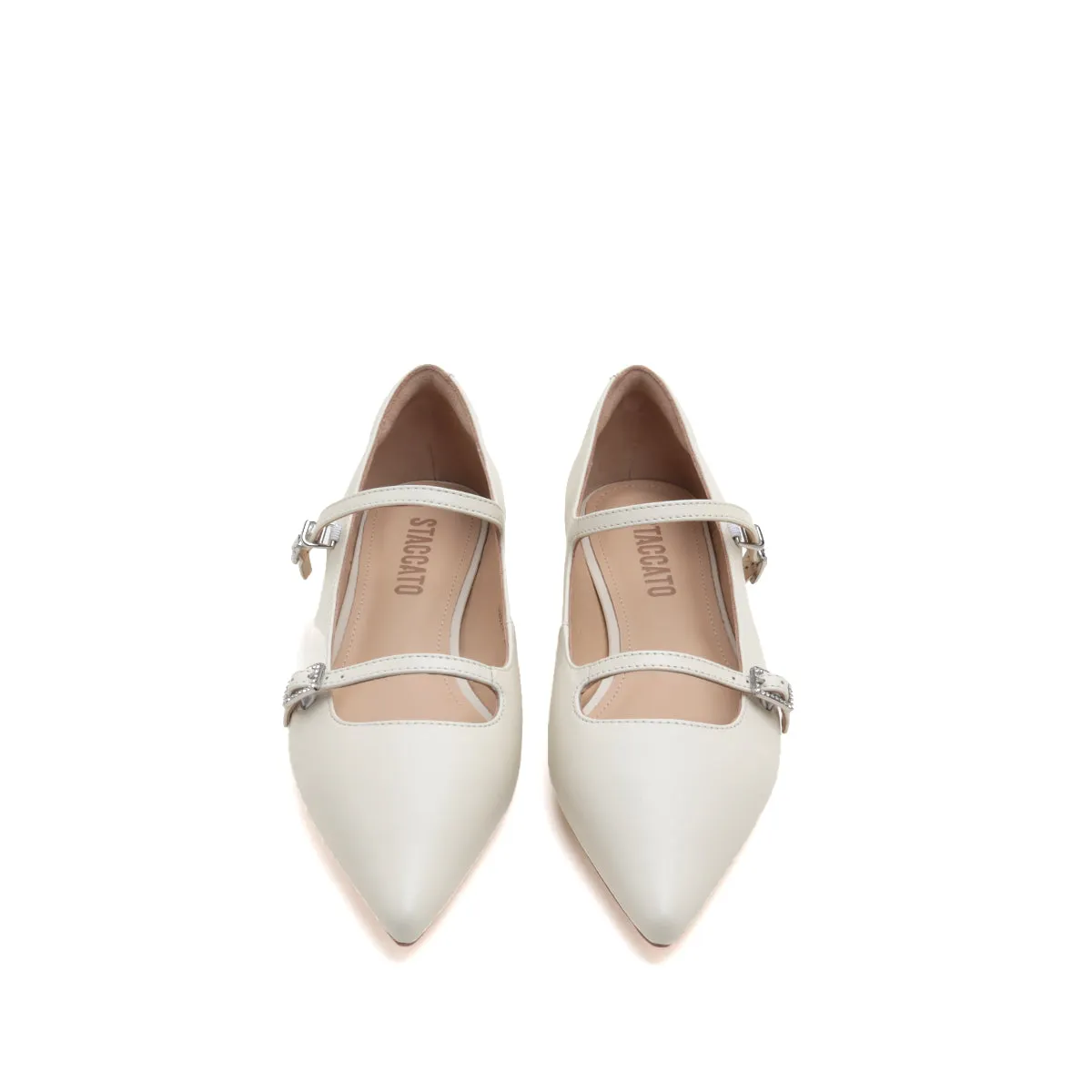 Pointy Beige Crystal buckle Mary Jane Flats