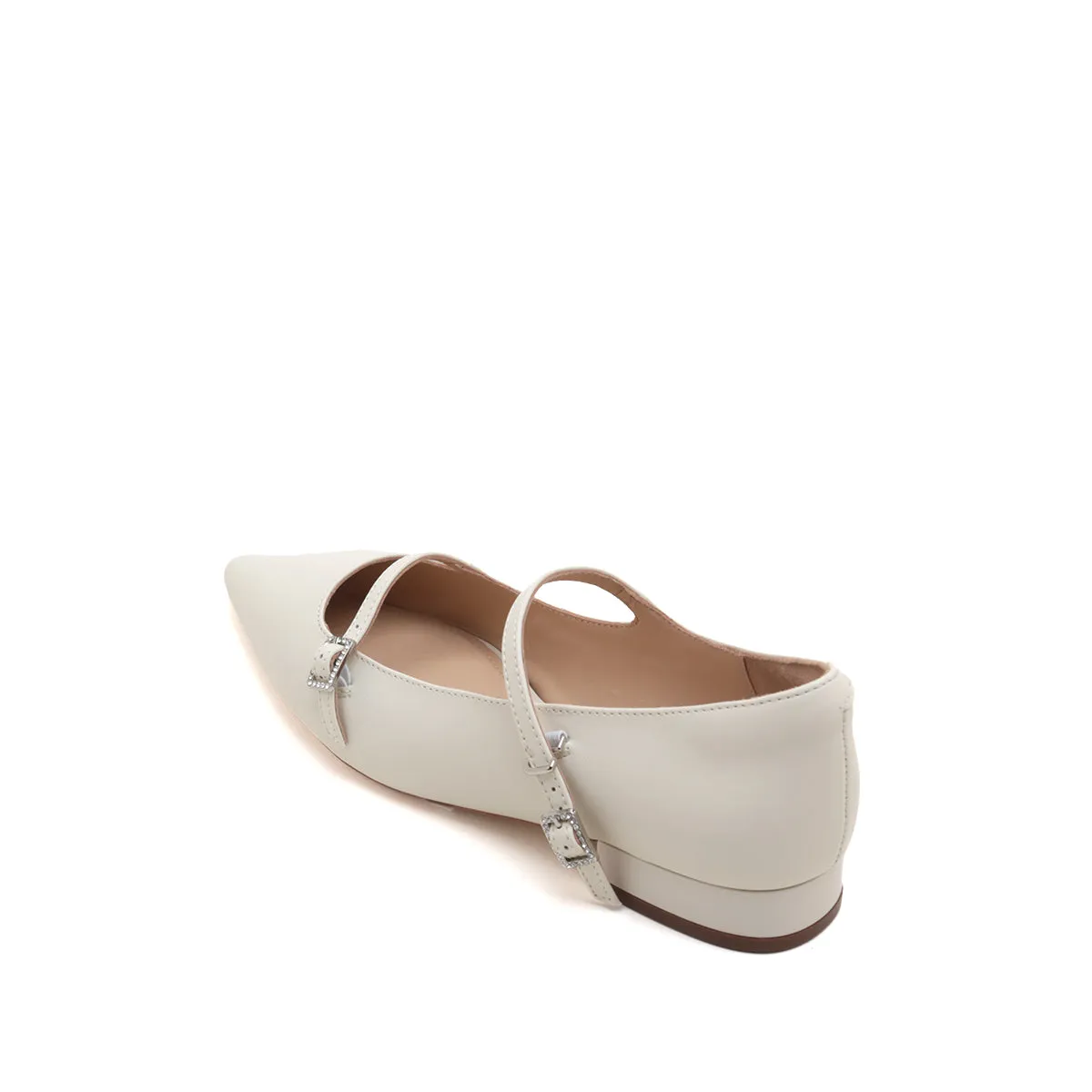 Pointy Beige Crystal buckle Mary Jane Flats