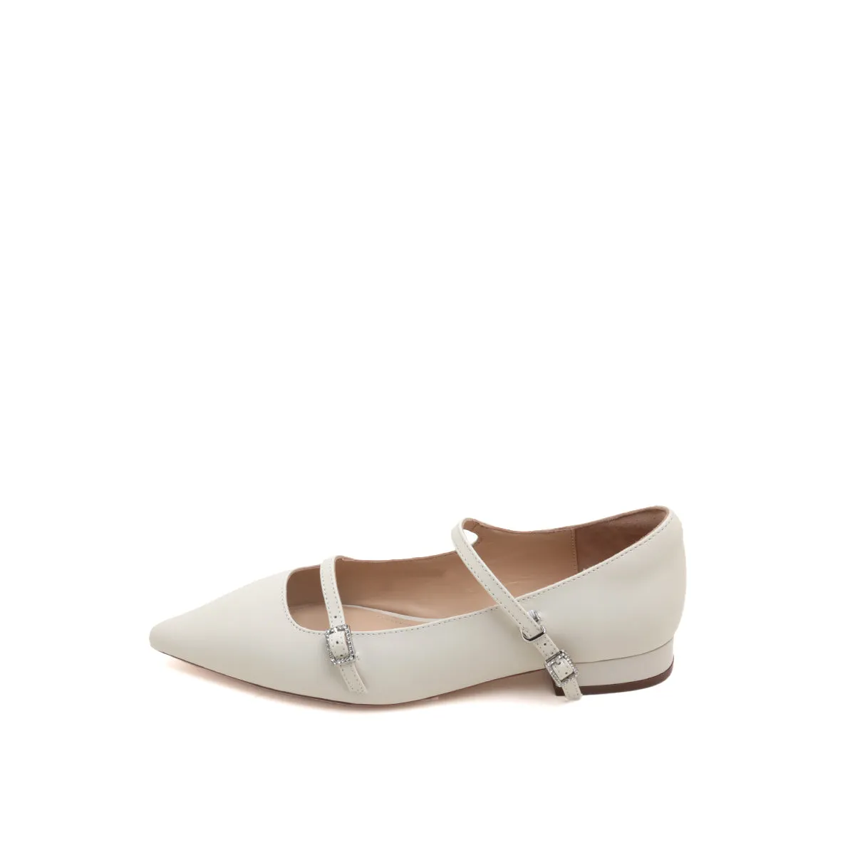 Pointy Beige Crystal buckle Mary Jane Flats