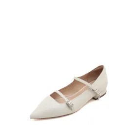 Pointy Beige Crystal buckle Mary Jane Flats