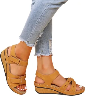 Sandals for Women, Orthopedic Shoes for Women Plantar Fasciitis, Comfort Wedge Sandals, Open Toe Ankle Strap Sandals, Summer Wide Fit Leather Sandals with Arch Support