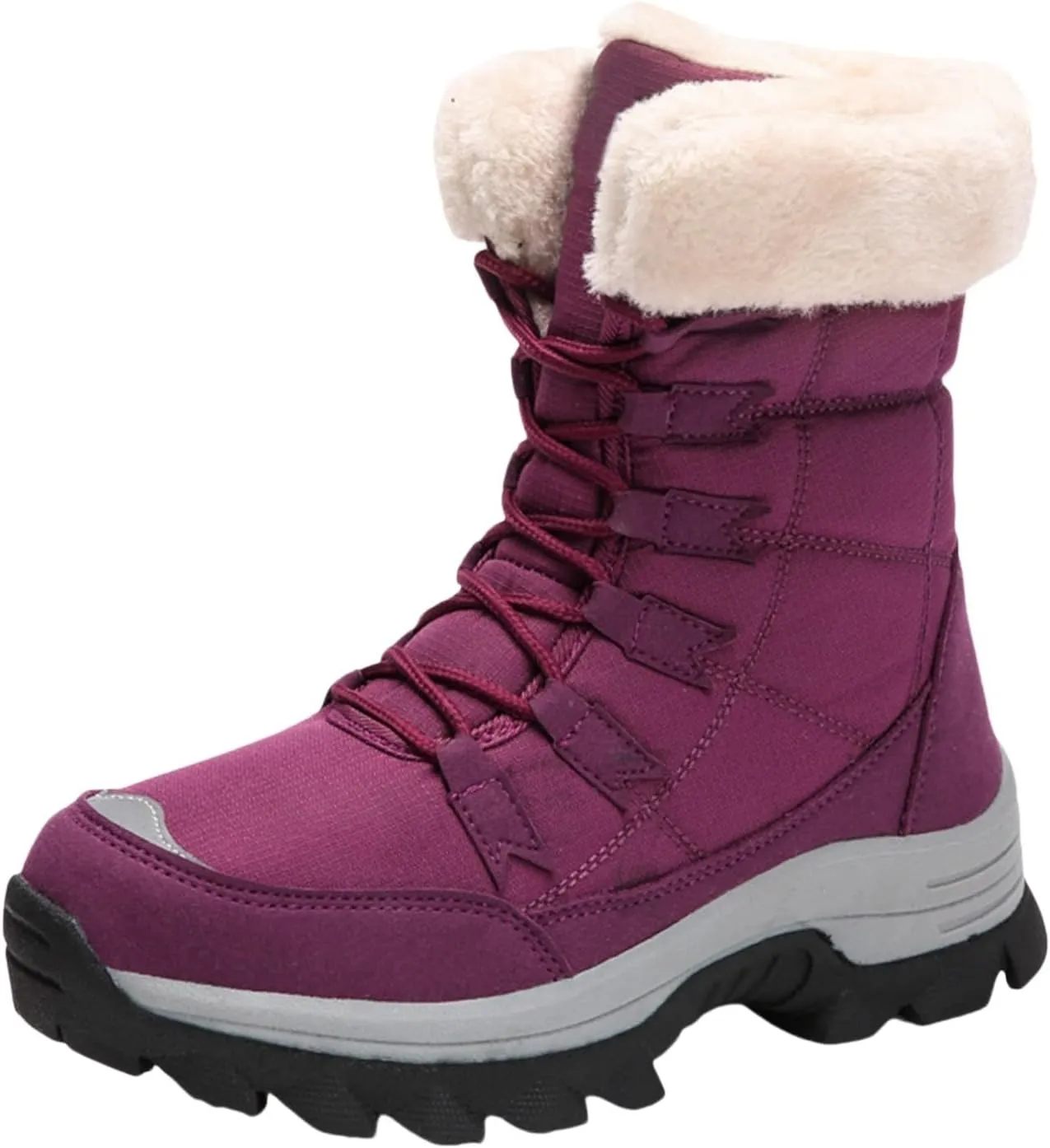 Women Snow Boot with Waterproof Lace Up Mid Calf Outdoor Winter Deep Tread Rubber Sole Cotton Lined Ski Shoes (Purple, 35)