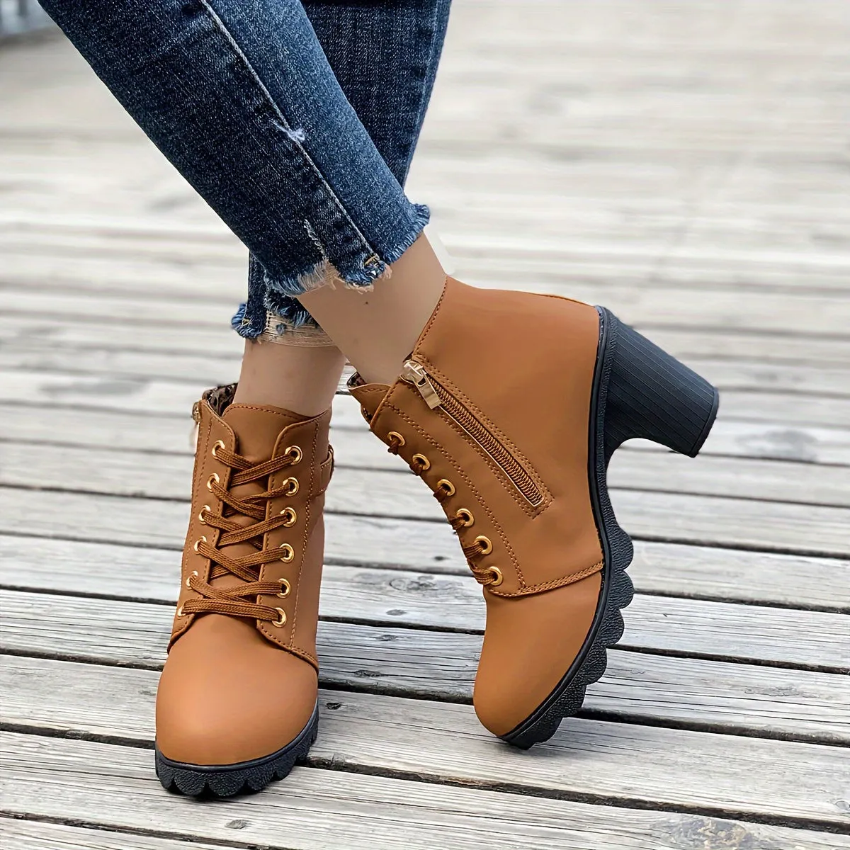 Women's Chunky Heeled Ankle Boots, Solid Color Side Zipper Boots, Beer Festival Dress Shoes